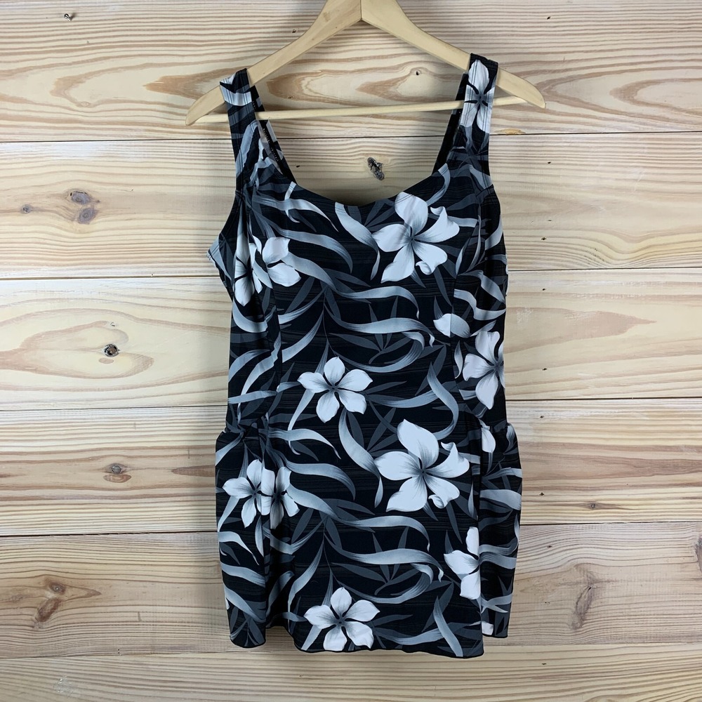 NWT Indigo Bay Swimsuit 20W Black Tropical Swim Tank Dress
